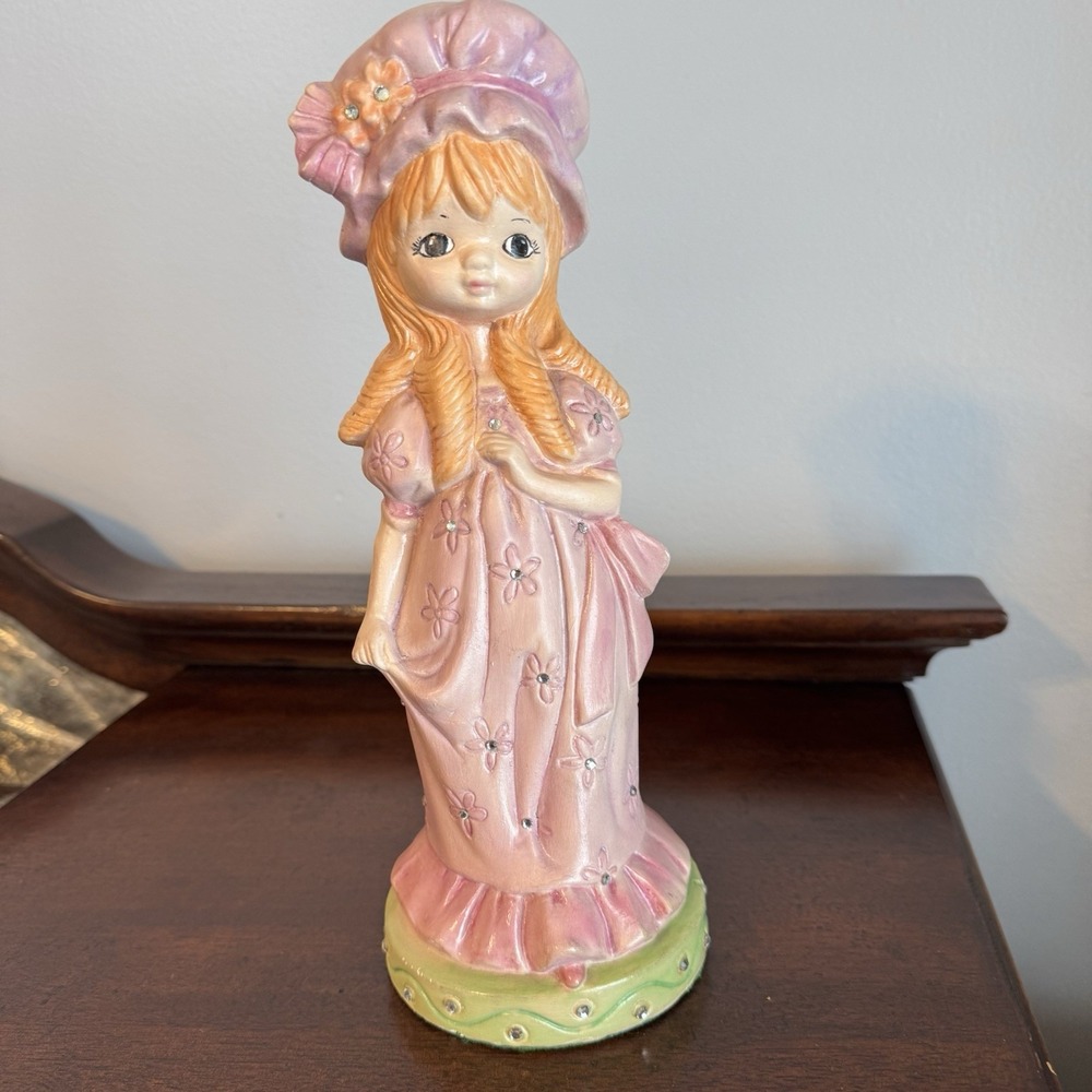 Vintage Holland Mold Girl Figurine 11.5" Pink Dress Hat Long Gown Flowers